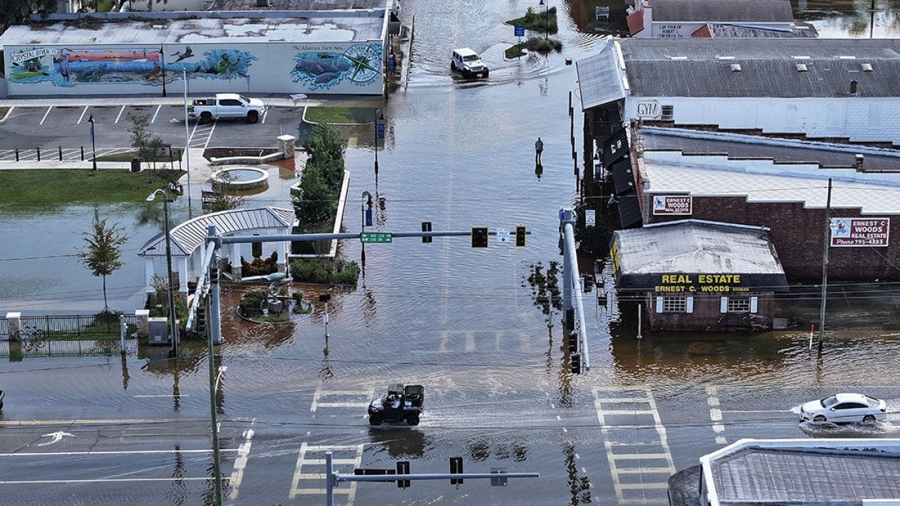 Aerial view of flood waters on the main street after Hurricane Helene passed offshore on September 27, 2024 in Crystal River, Florida. 