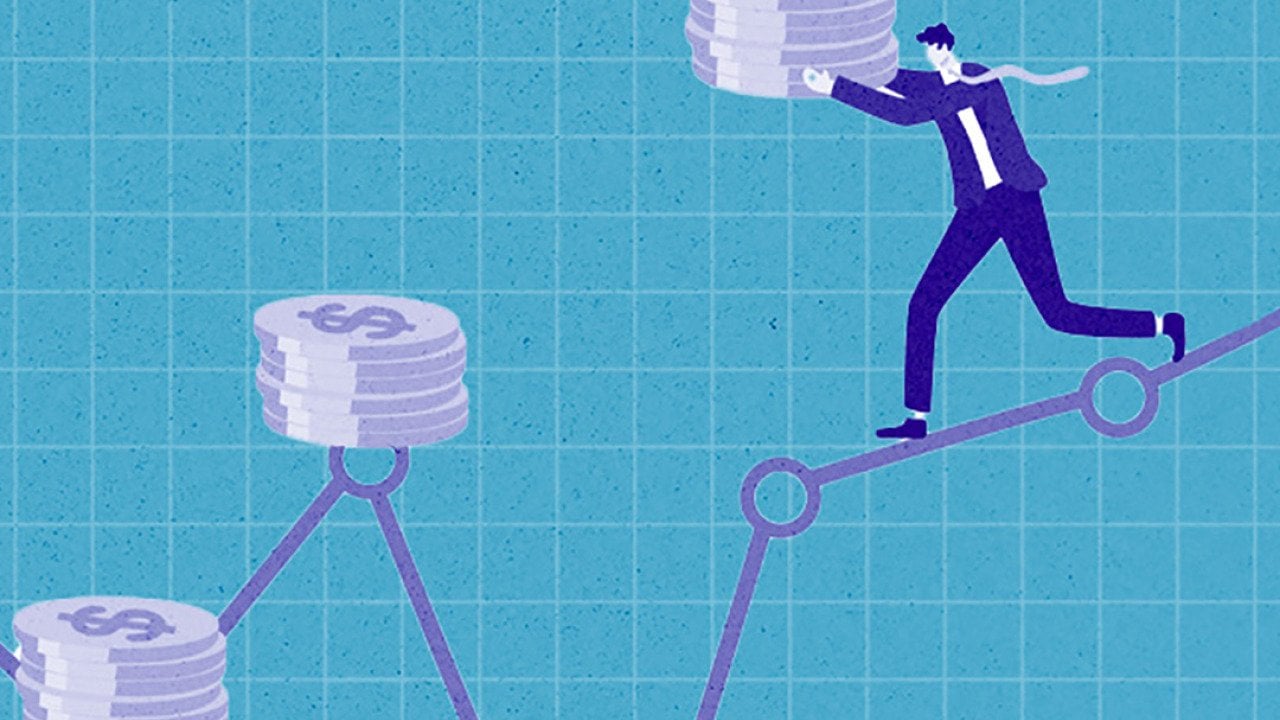 Custom illustration of a businessman carrying a stack of coins walking on a path towards more coins.