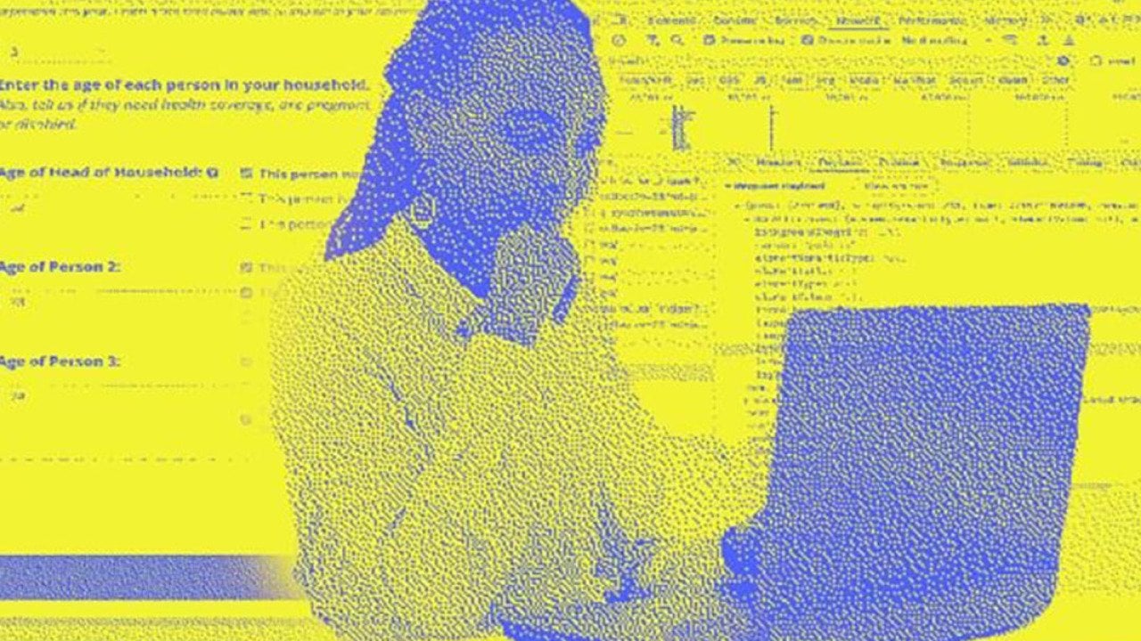 Illustration showing person using laptop with personal information in the background symbolizing the threat of private data at risk of being shared.