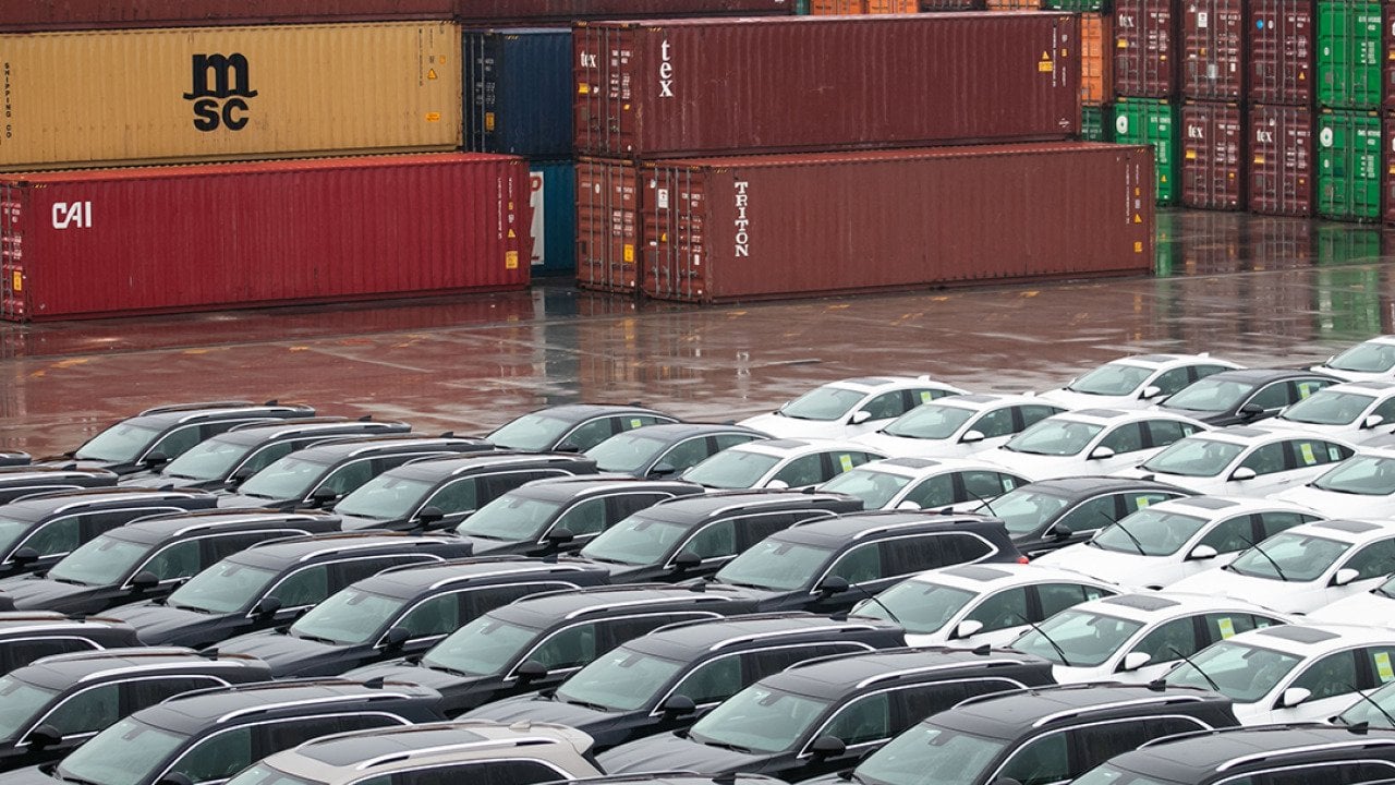 Rows of imported cars lined up across shipping containers.