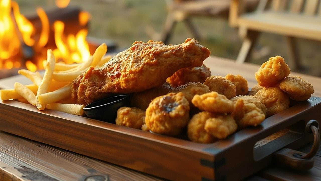Plate of fries and fried chicken as part of a barbecue meal.