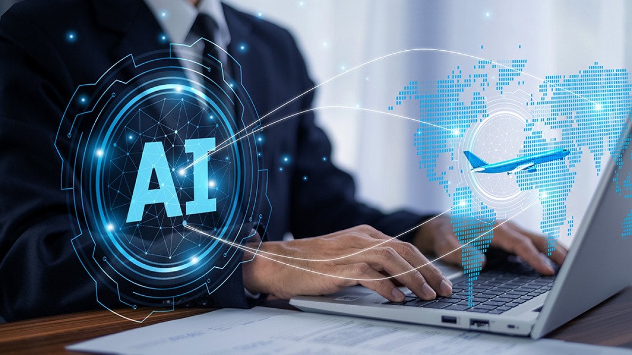 Concept graphics of technology and AI over a background of a legal professional using a laptop.