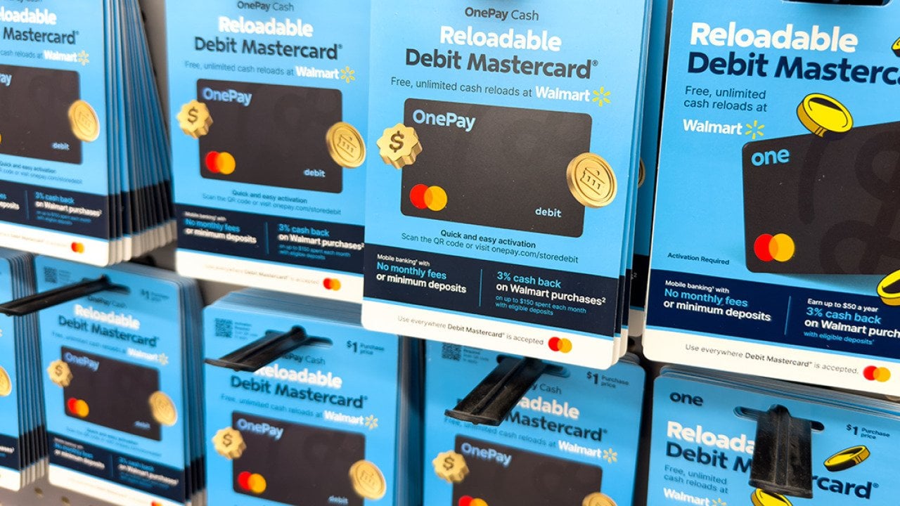Debit Mastercard on display at a retail store.
