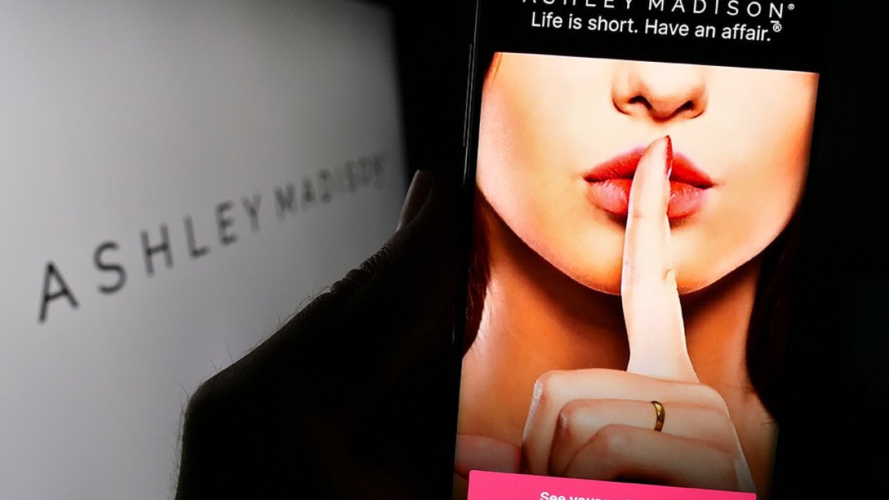 The online dating company 'The Ashley Madison Agency' on a screen of a phone.