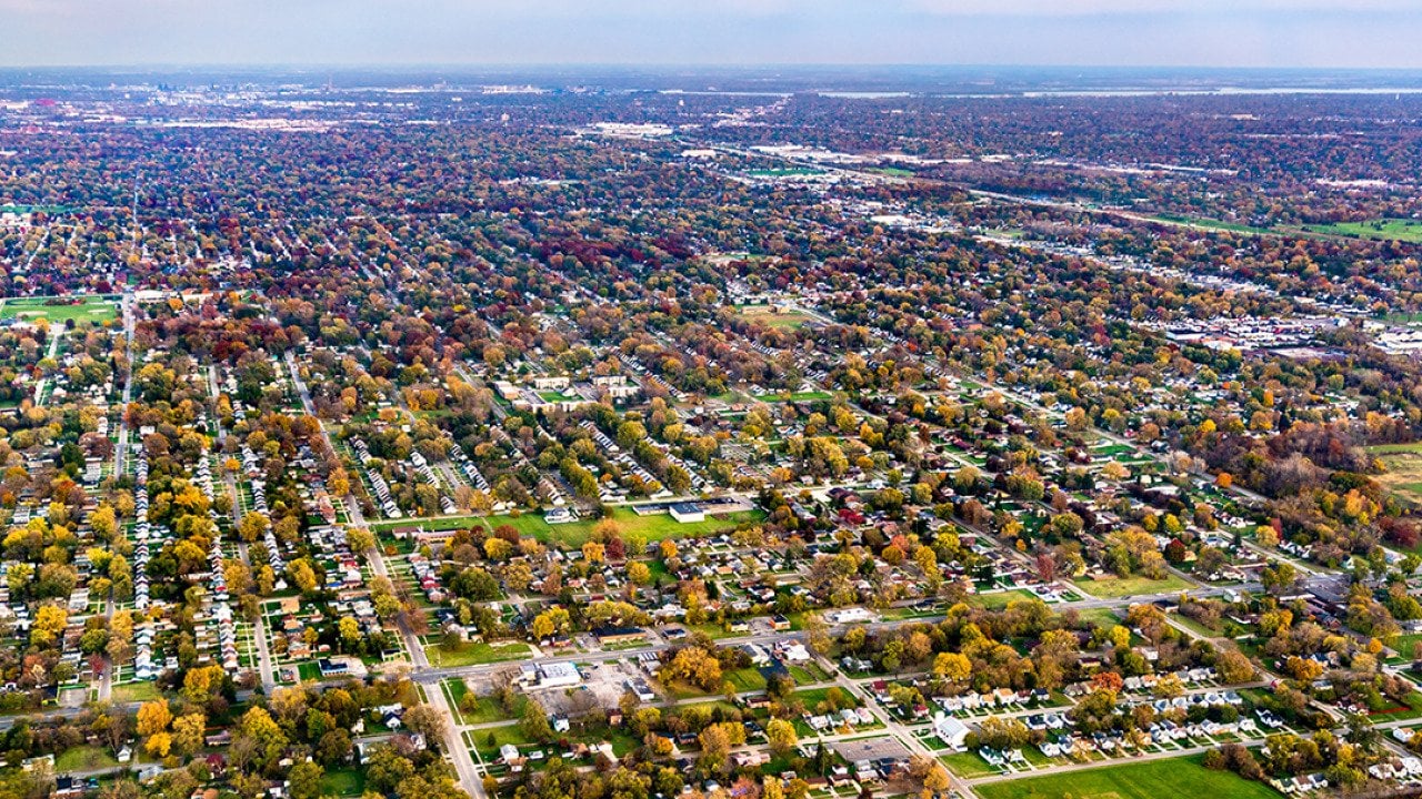 Aerial view of a suburban area near Detroit, Michigan.