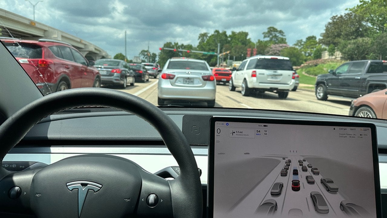 A self-driving Tesla car's view of the road ahead.