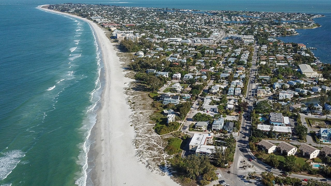 Aerial view of the neighborhoods near Sarasota area beaches in Florida.