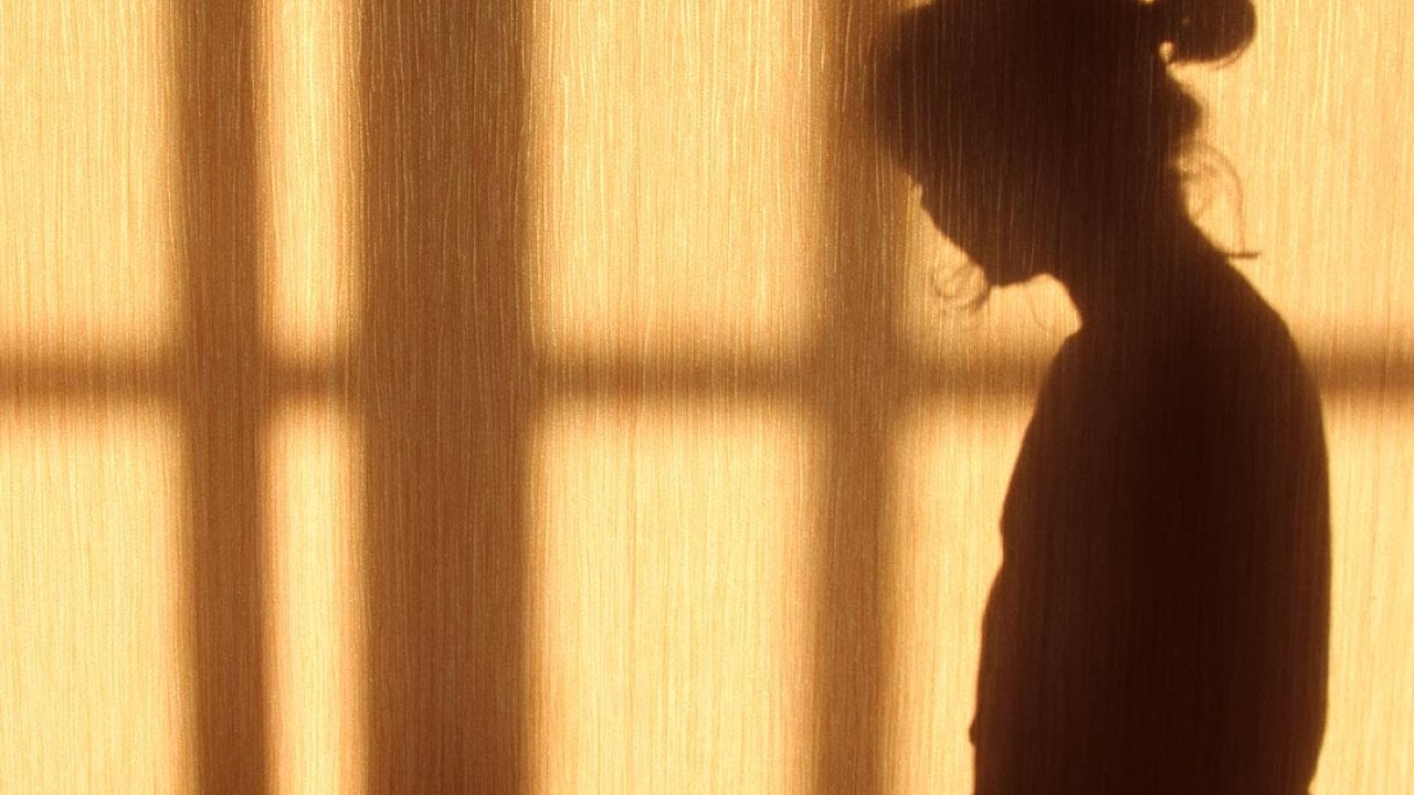 Silhouette of a person with a short ponytail and crossbars of a window on the against a wooden wall. 