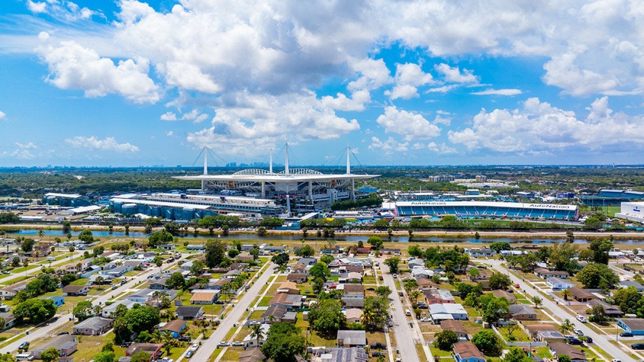 Aerial view of a residential area across the Hard Rock Stadium across in Miami, Florida.