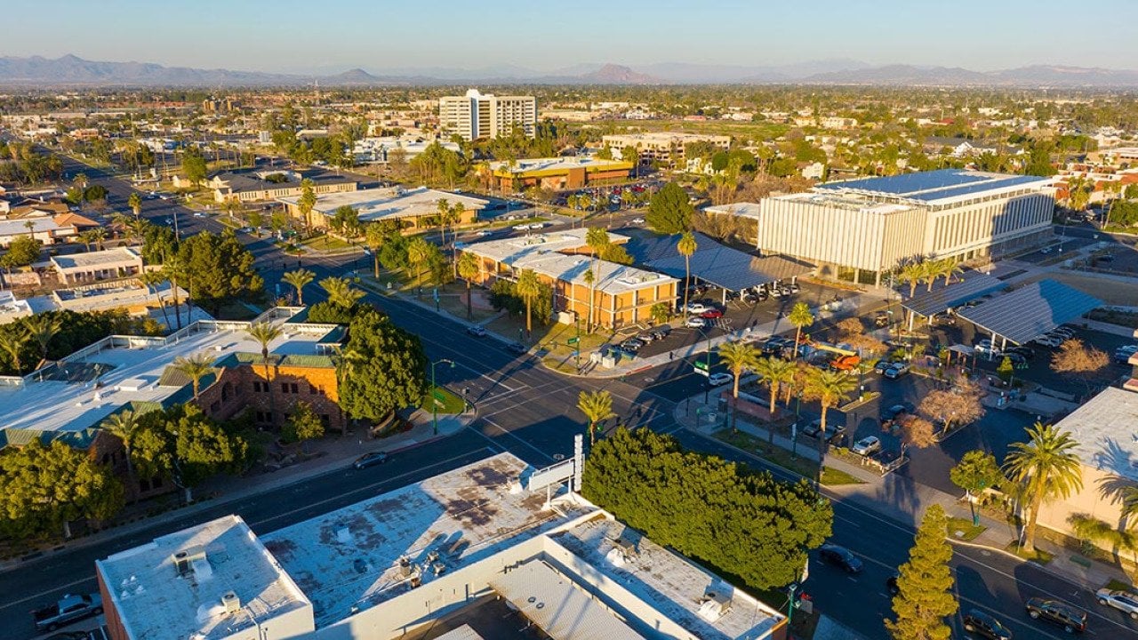 Aerial view on Center Street at Pepper Place at sunset, in Mesa, Arizona.