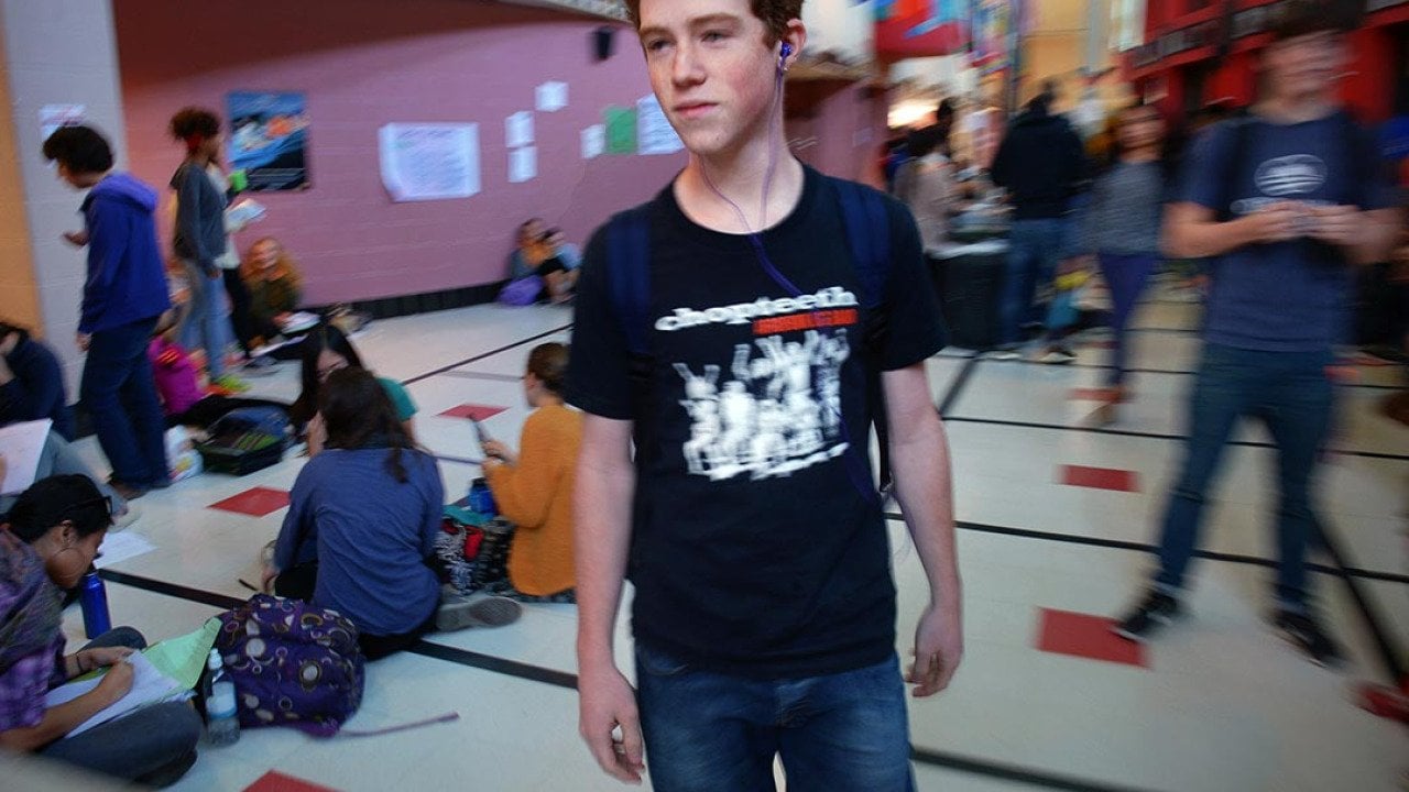 Blair HS junior Ben Miller, the first to register to vote in Takoma Park municipal elections, in the hallway of Blair high school on October, 29, 2013 in Silver Spring, MD.