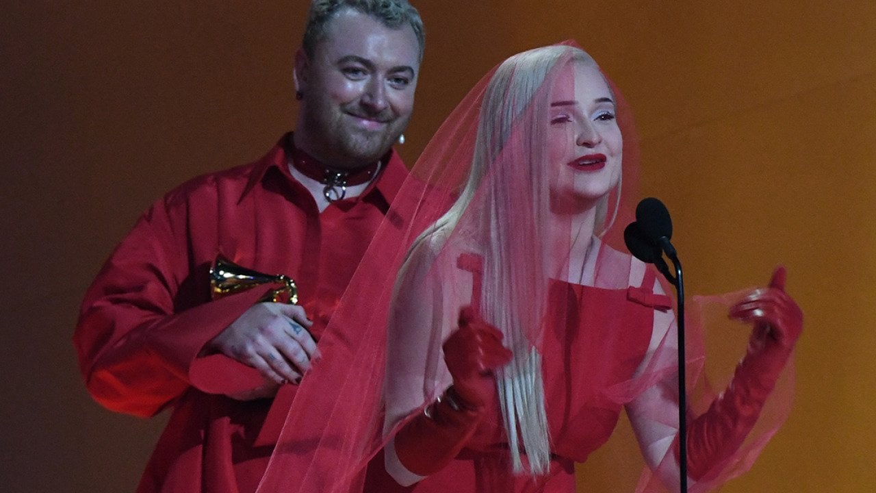 English singer-songwriter Sam Smith and German singer-songwriter Kim Petras accept the award for best Best Pop Duo/Group Performance during the 65th Annual Grammy Awards