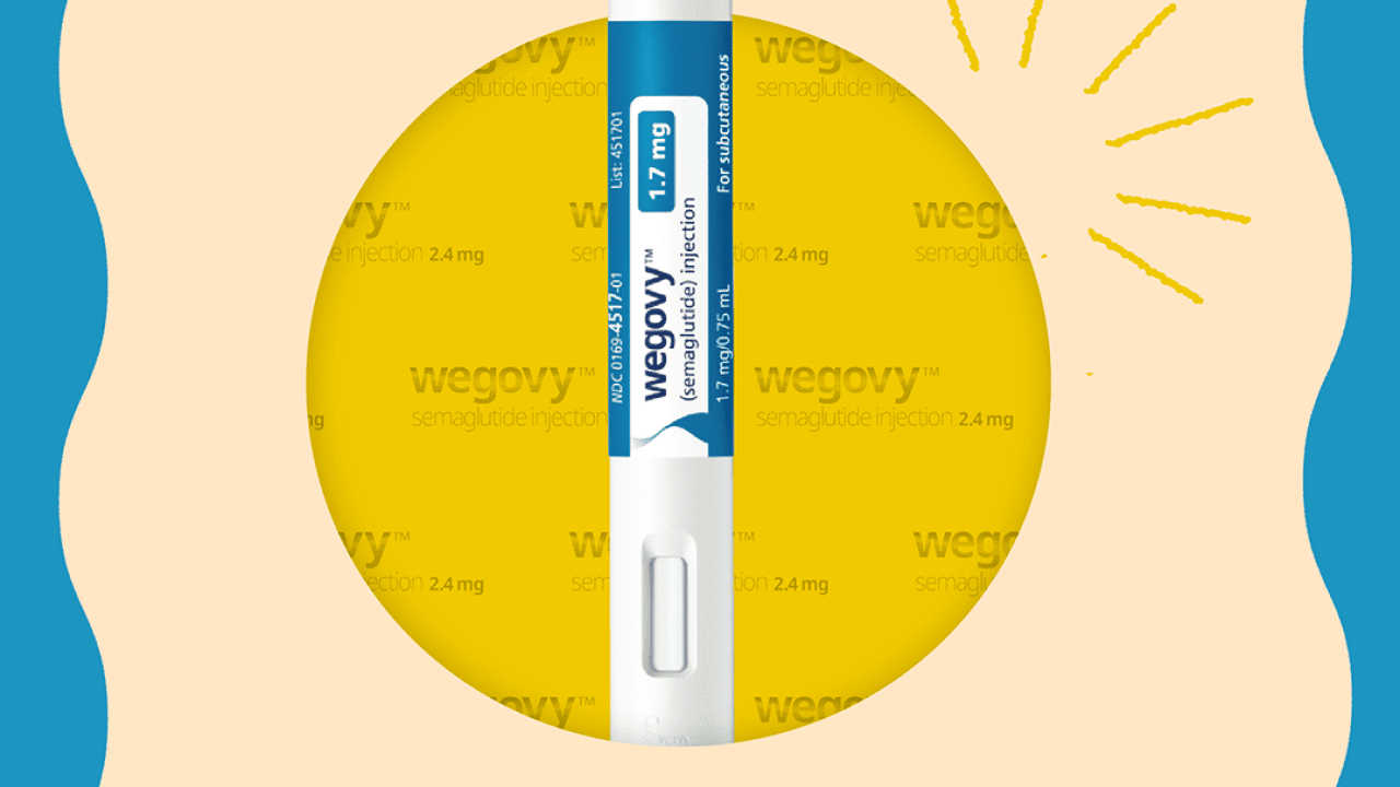 A Wegovy pen against a sunny concept background.