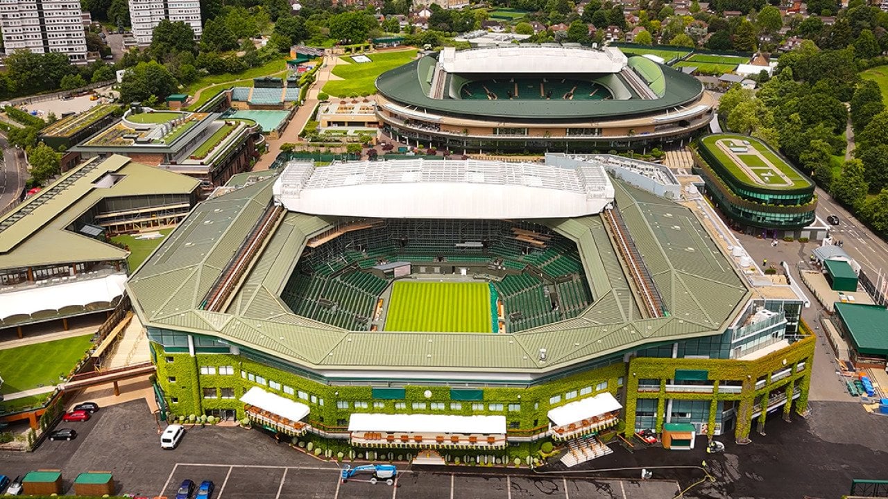 Aerial view of the tennis courts at Wimbledon.