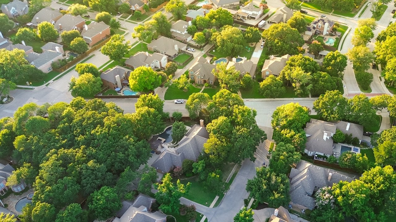 Aerial view of an upscale neighborhood in Dallas Fort Worth metroplex.