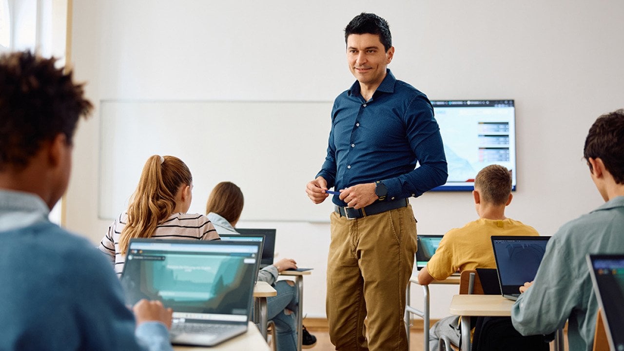 A high school teacher in the middle of his class.