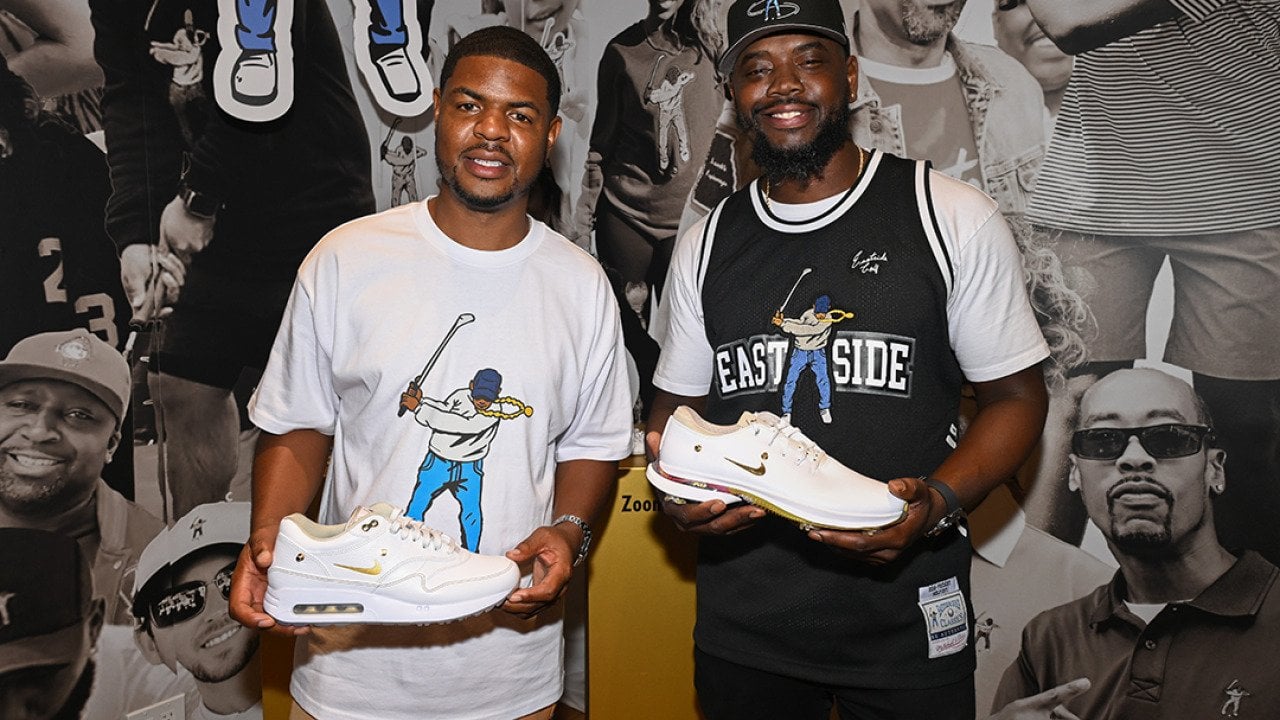 Eastside Golf's founder Earl Cooper and co-founder, Olajuwon Ajanaku at their Shopify pop-up in New York City.