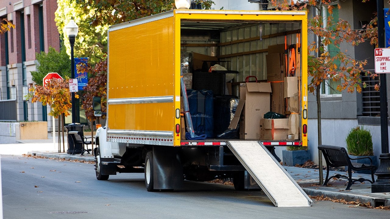 A moving truck parked on a residential street in Sunnyvale, California.