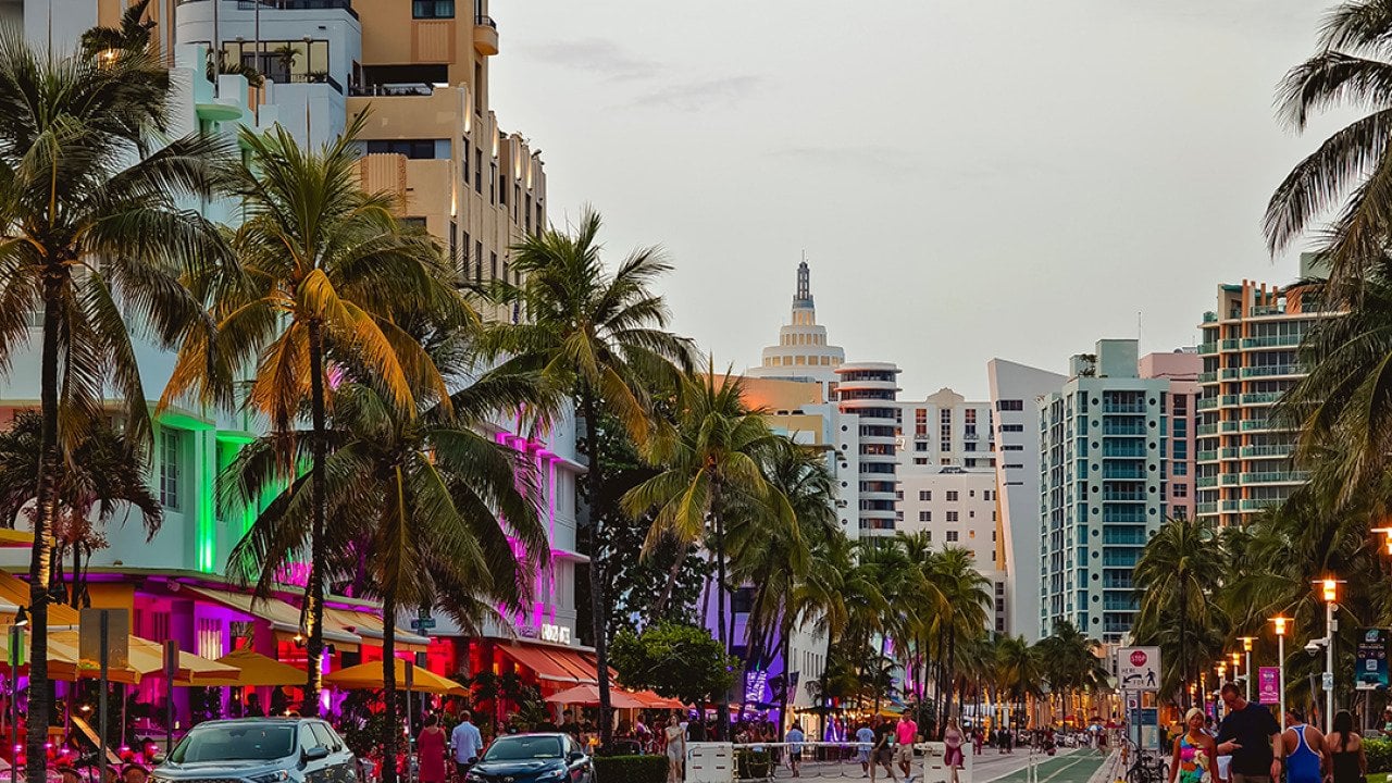 A sunset view of Ocean Drive in South Beach in Miami, Florida.