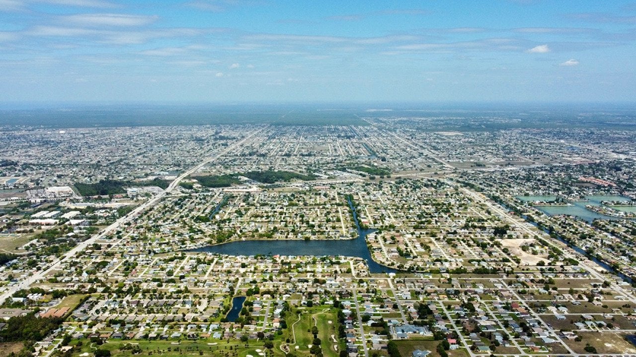 Aerial view of the residential neighborhoods in Cape Coral, Florida.
