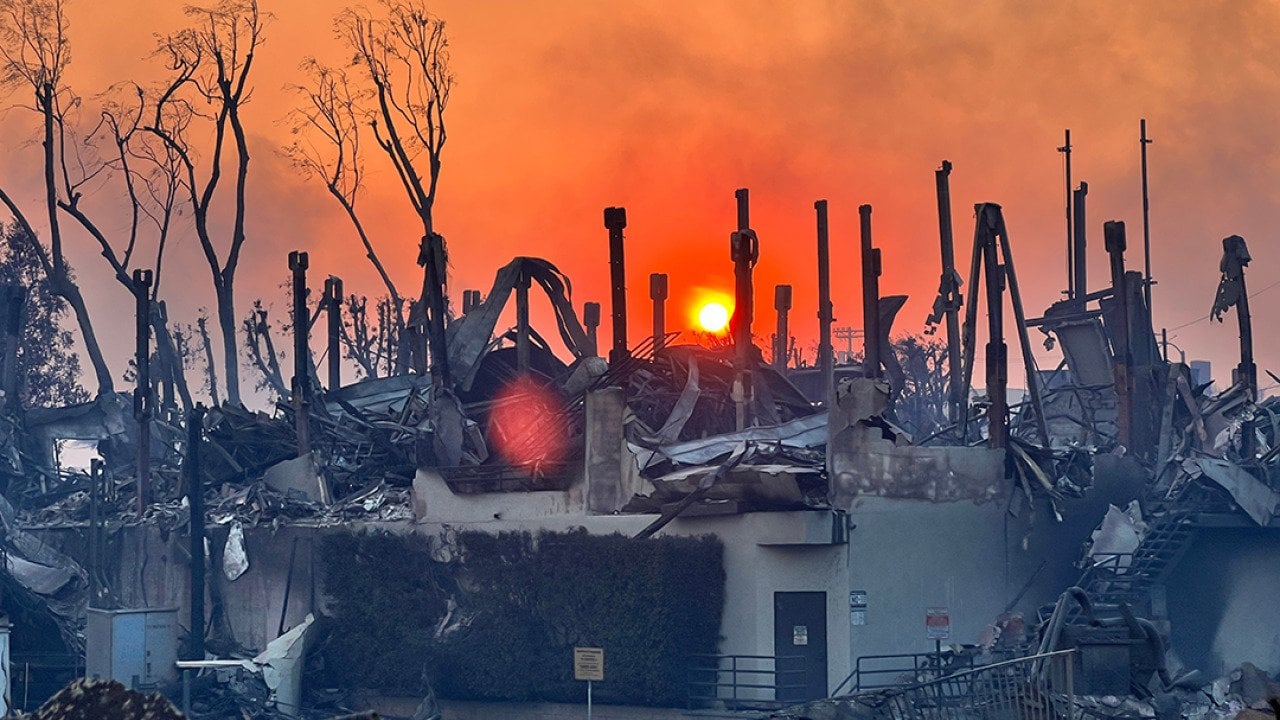 A luxury home reduced to charred pillars after the Palisades fires in Los Angeles, California.