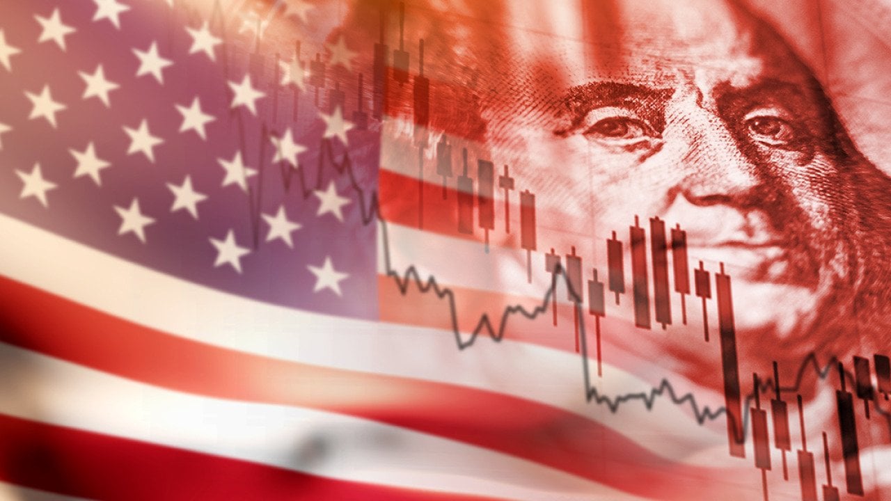 Concept illustration of U.S. stocks showing stock market graphic, U.S. flag and the U.S. dollar.