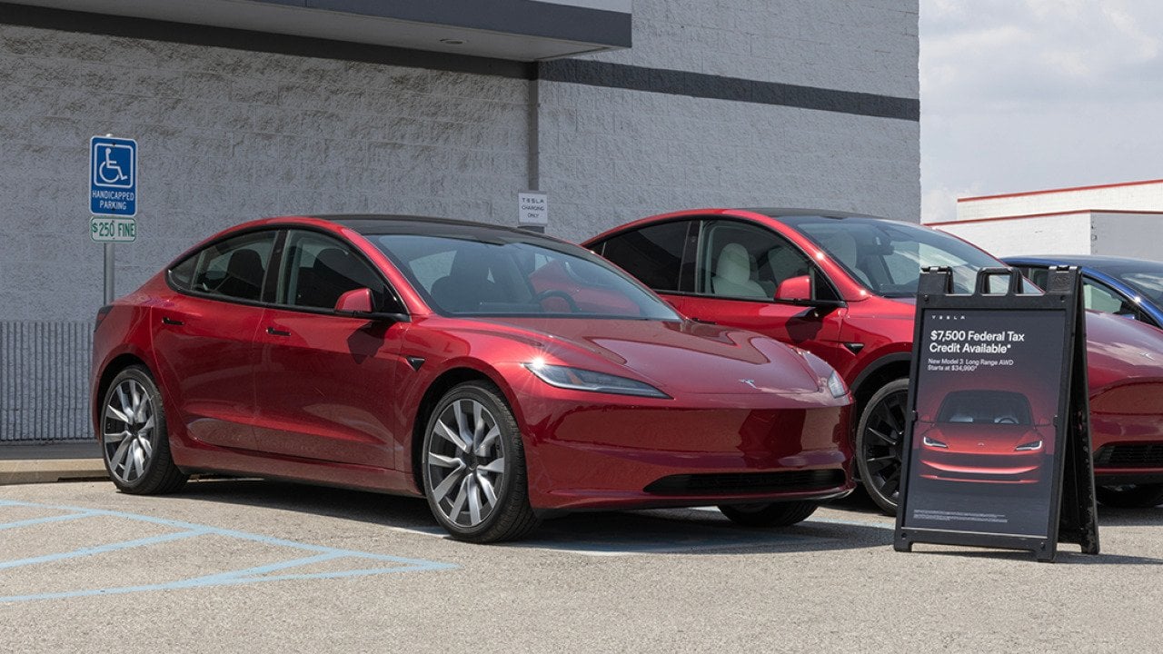Tesla Model 3 EV on display.