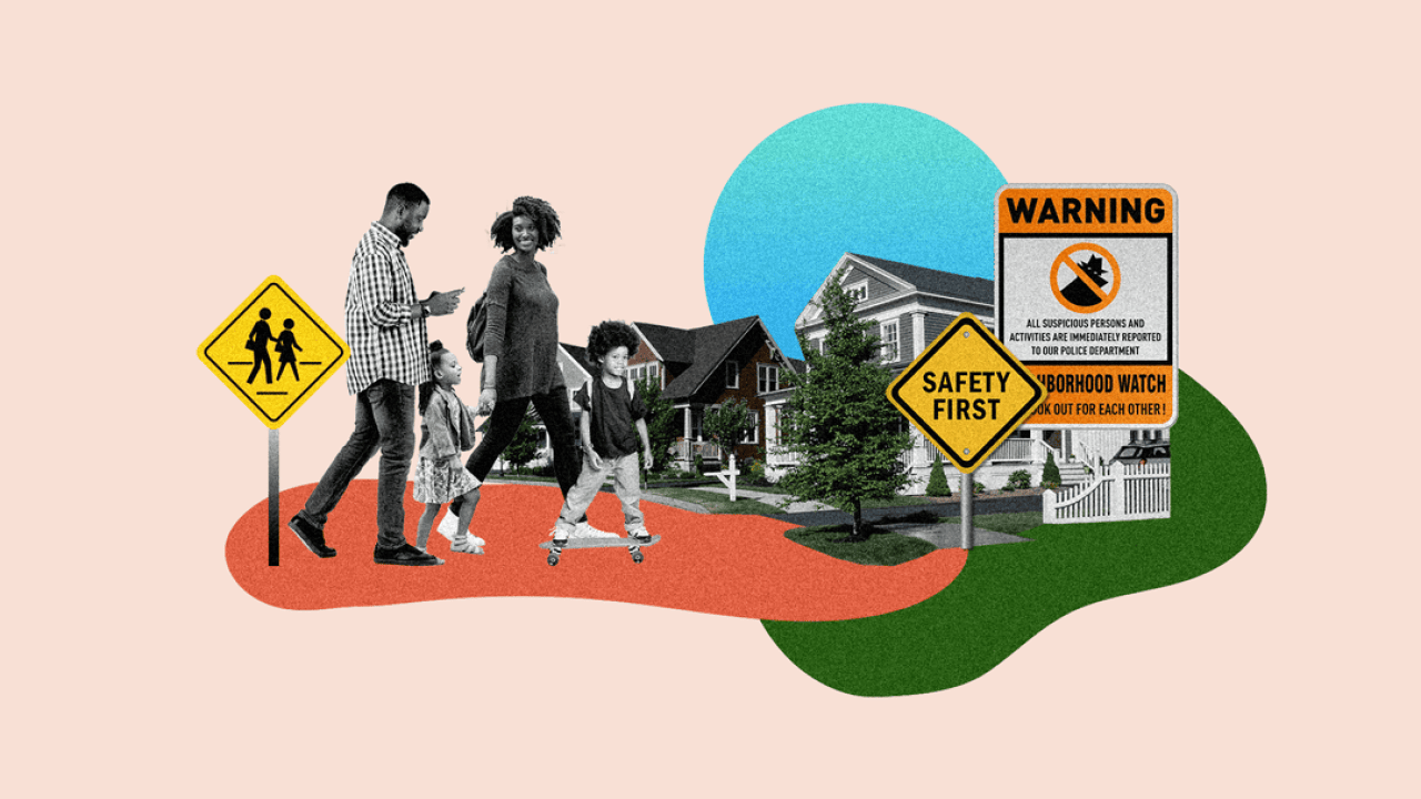 Custom graphic of a family in a safe neighborhood.