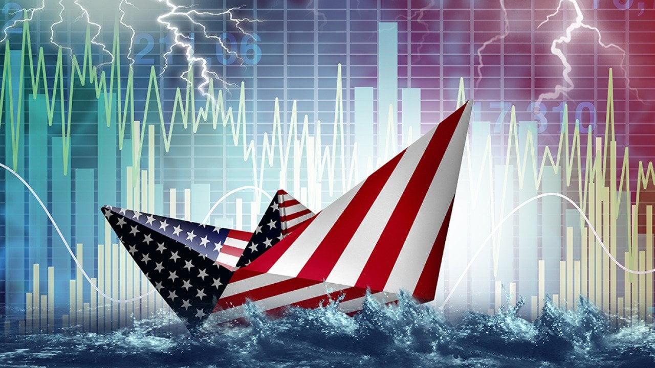 Illustration of a paper boat with the US flag as its skin with a background of finance markets and investment concepts.