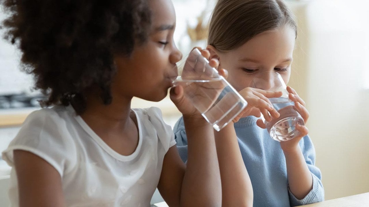 Two children, one Black with an afro and one light skinned child with long hair tied back sit at a table drinking glasses of water.