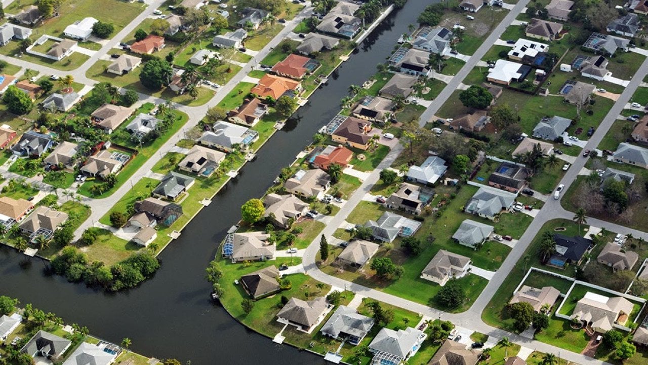 Aerial view of homes in Ft. Myers with canals visible.