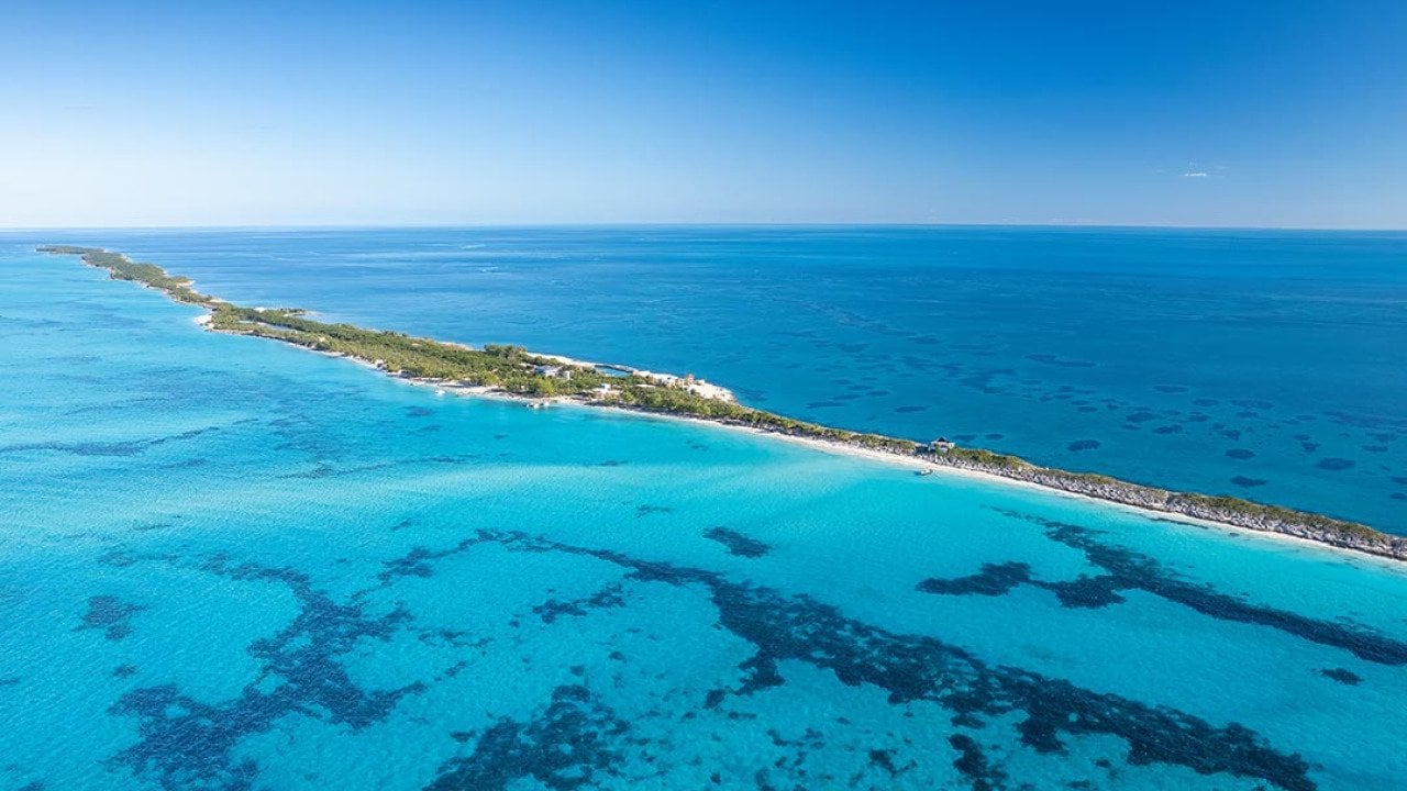 Drone panoramic view of Rose island, Bahamas, 5 kilometers east of Paradise Island.