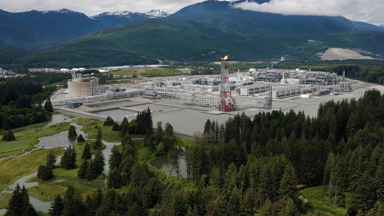 Aerial view of the LNG Canada site in Kitimat, B.C. with gas flare visible on June 26, 2025    