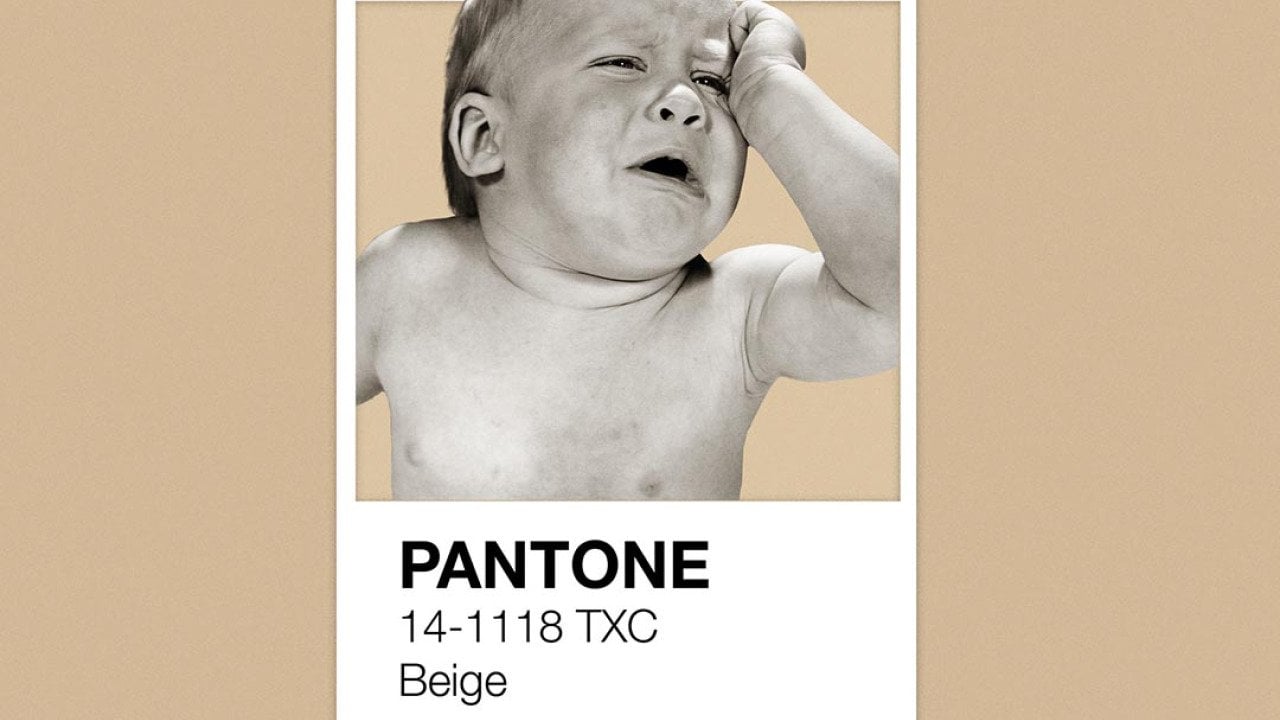 Illustration of crying baby above the pantone color card for beige, ona beige background.