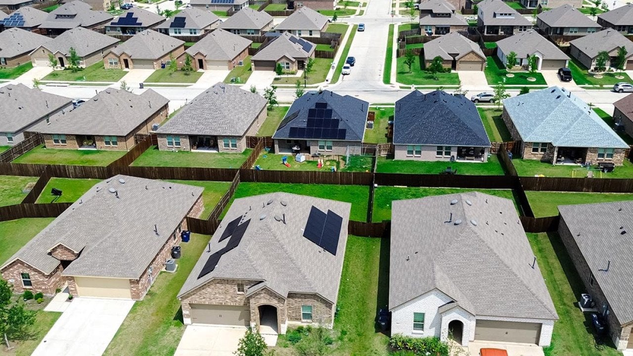 New construction home with solar panel roofs in rapid growing Princeton, Collin County, North Texas.