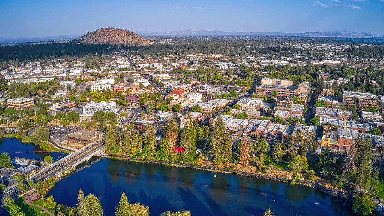 Aerial view of downtown landscape in Bend, Oregon.