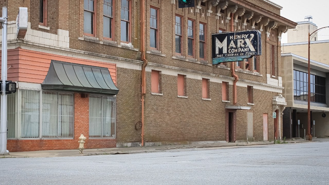 A historic building in a small town in Pine Bluff, Arkansas.