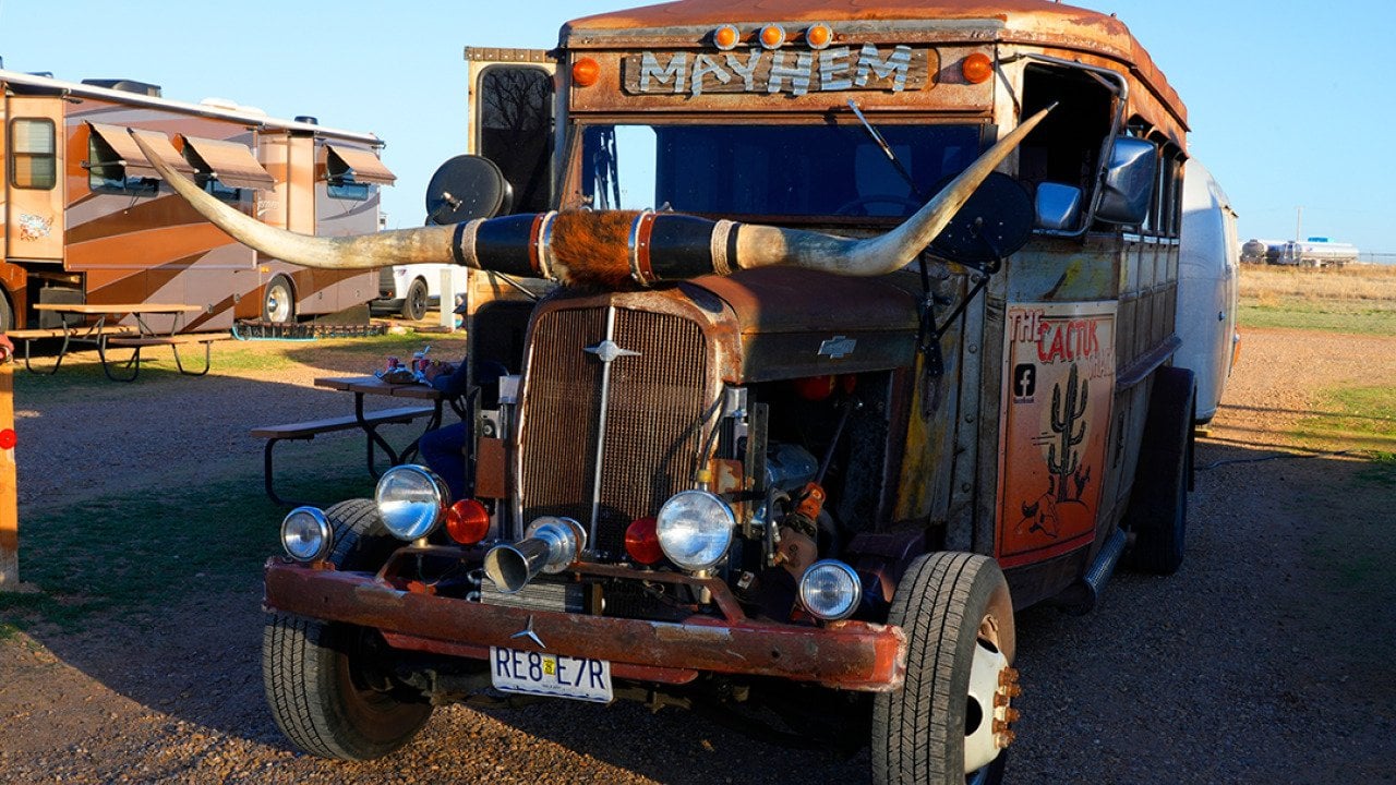 A school bus from 1939 converted into a Texas-style RV in Amarillo, Texas.