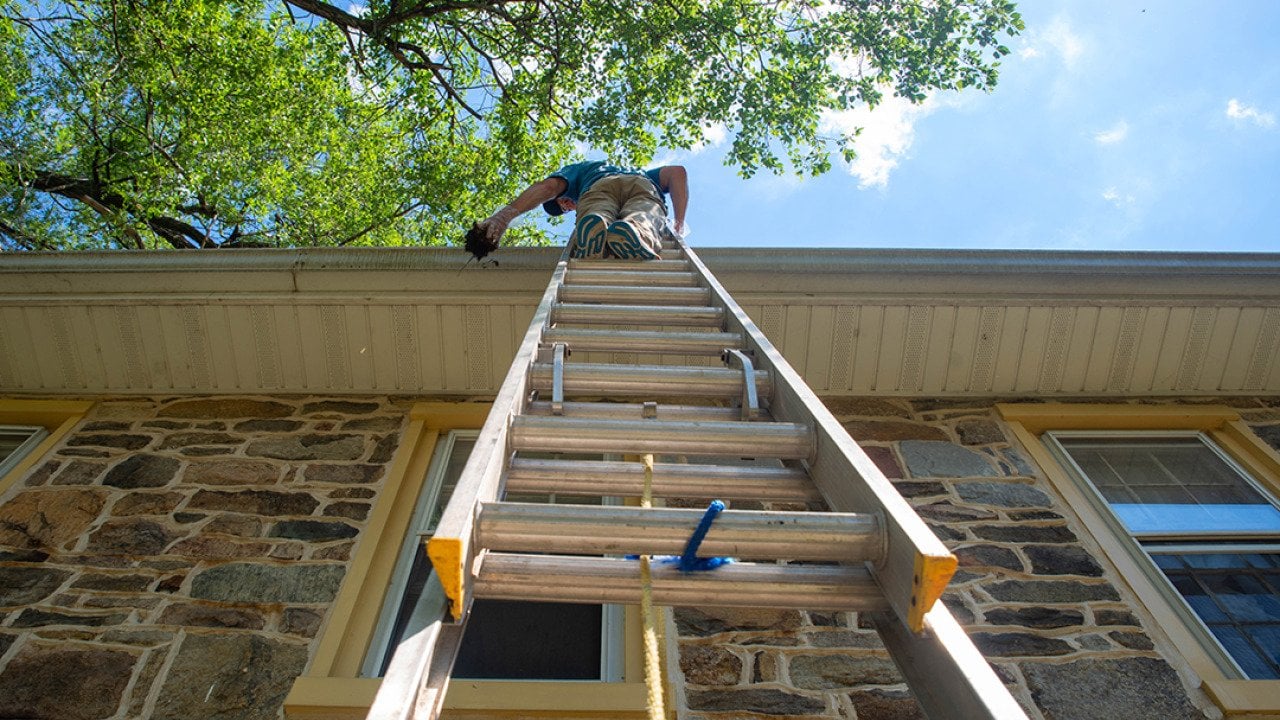 Low angle view of a man on a ladder cleaning a home's gutters.
