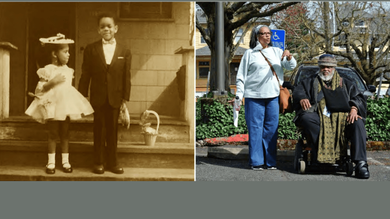 Elizabeth Fouther-Branch and Bobby Fouther stand in front of their great-aunt’s house in 1956 (left) and in a parking lot near where the house used to stand in 2020 (right).