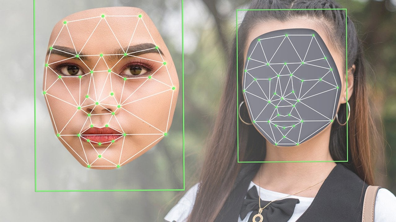 A woman's face cropped out and illustrated with a deepfake, matching facial movement graphics.