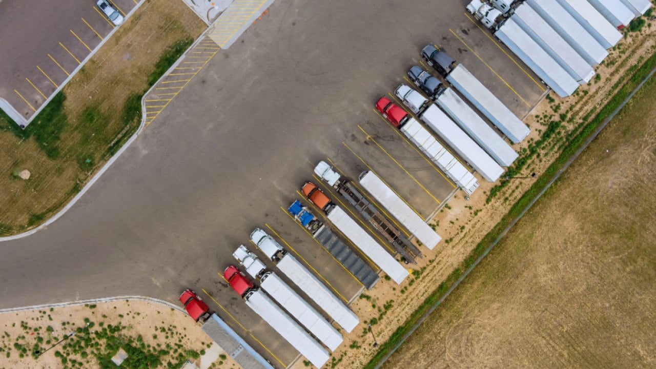Aerial view of a truck parking lot.