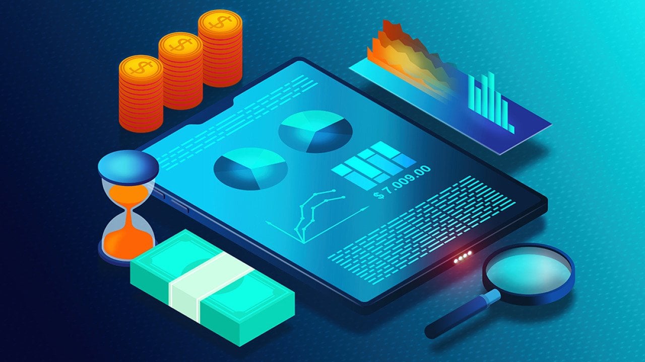 A 3D illustration of a cloud-based payroll software.