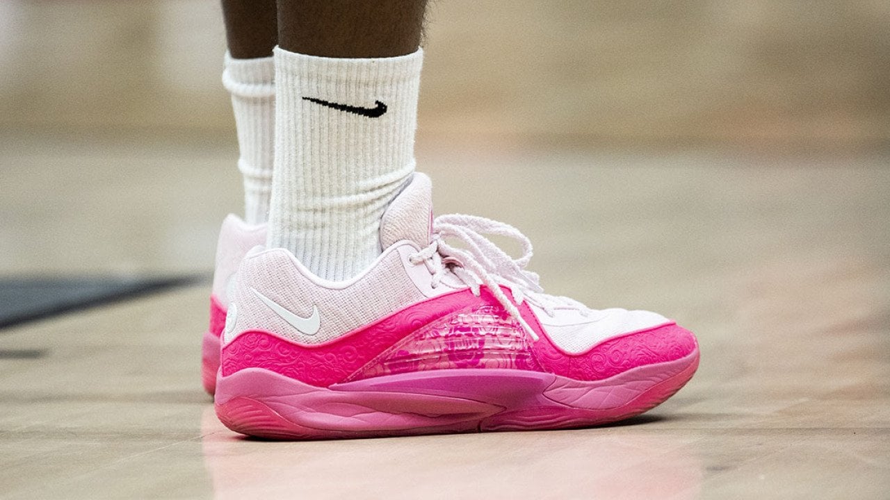 A detailed view of the KD 16 Aunt Pearl basketball shoes worn by Barry Brown Jr #55 of Umana Reyer Venezia during the LBA Lega Basket Serie A Round 8 match Novermber 2023 in Italy.