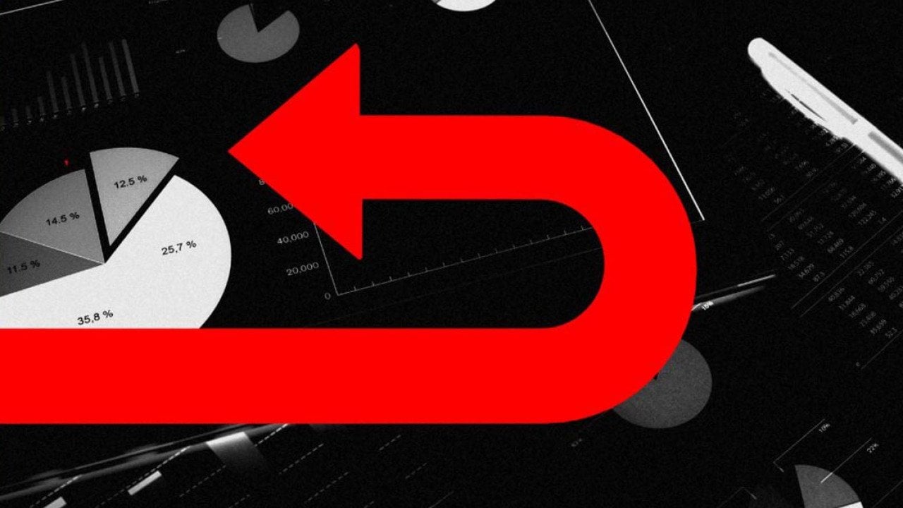 Illustration showing concept of research reversing course symbolized by big red arrow making a u-turn.