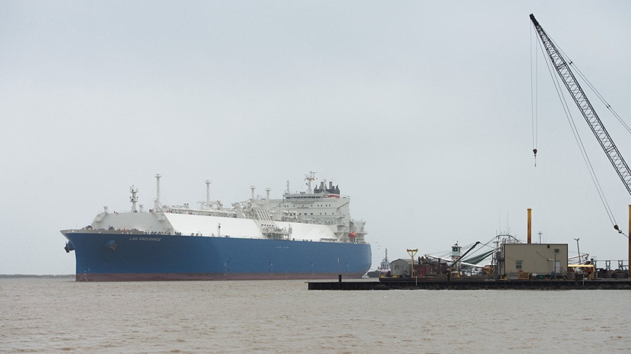 An LNG tanker makes its way into Cameron Pass, Louisiana.