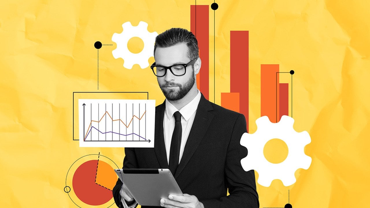 Collage of a finance businessman using a tablet illustrated with finance and analytics graphics.
