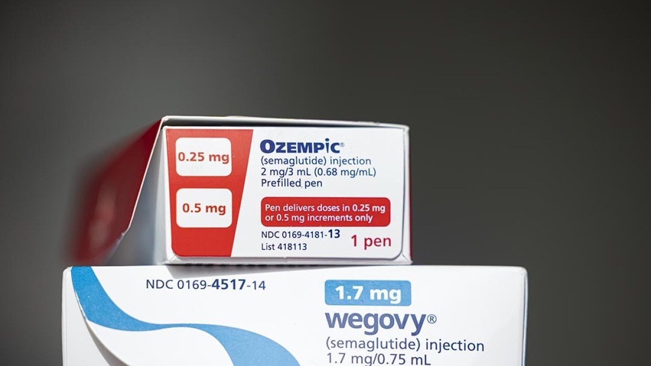 Stack of Ozempic box on top of Wegovy medications are seen at Children's Hospital in Aurora, CO November 2024.