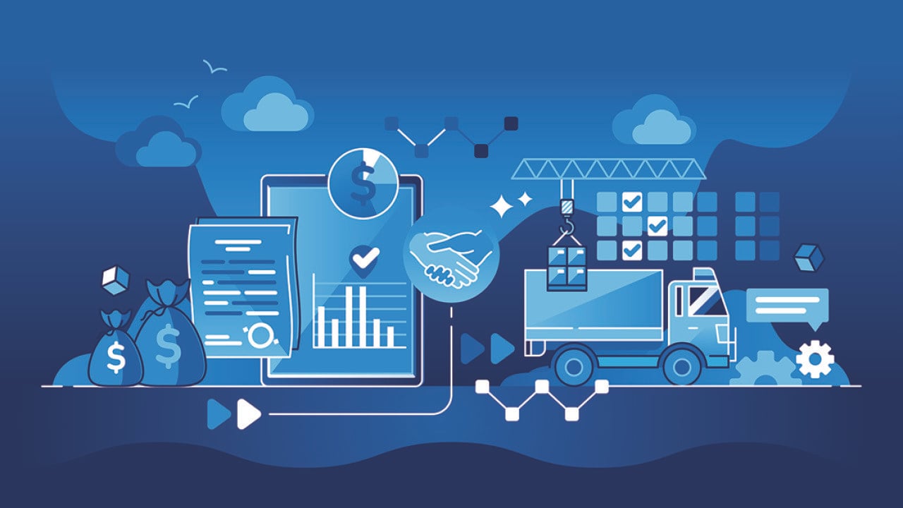 Vector illustration of procurement and product supply concept such as trucks, finance reports, files.