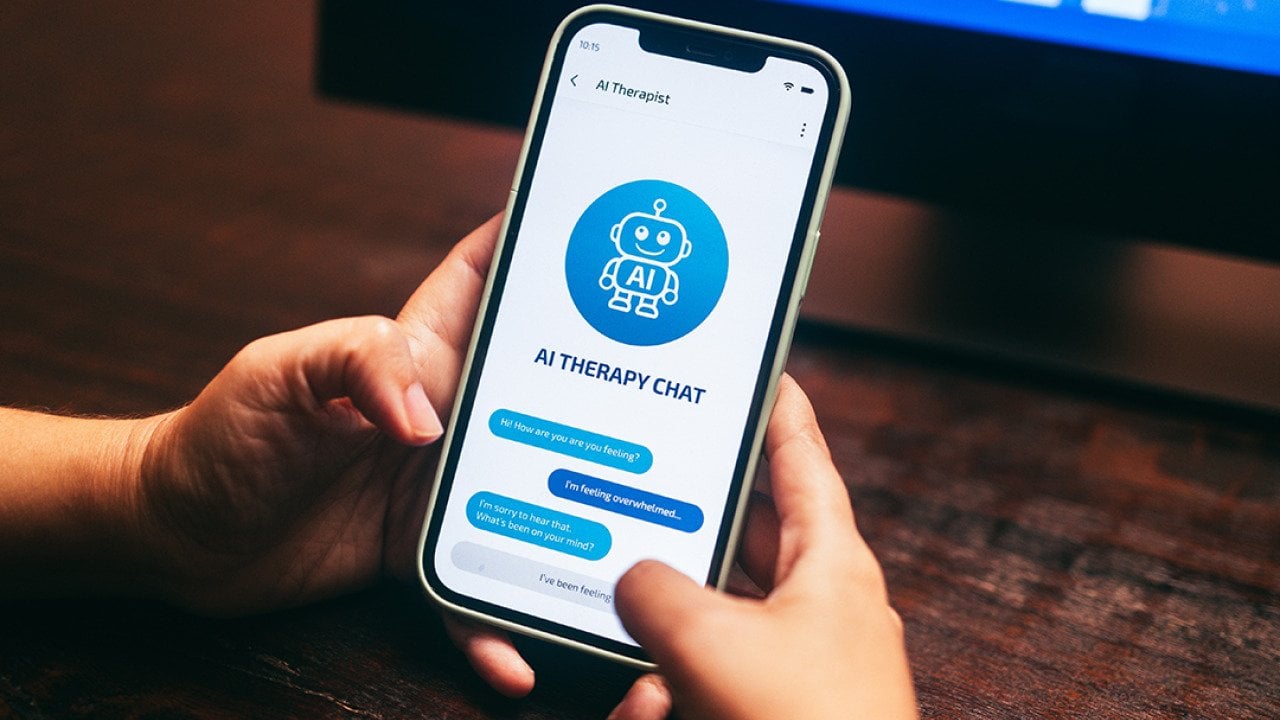 A smartphone showing an AI therapy app conversation.